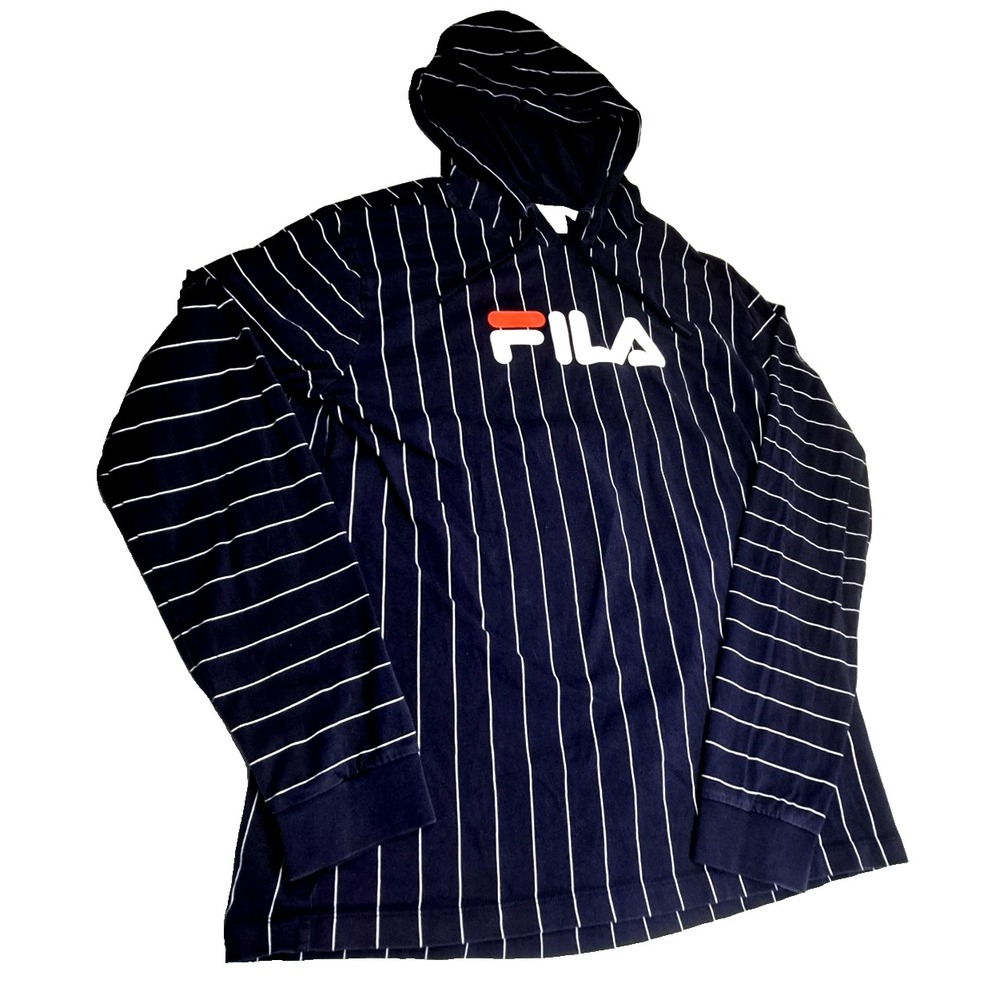 FILA Striped Hoodie Mens M Lightweight Navy Pin Stripes Retro Casual